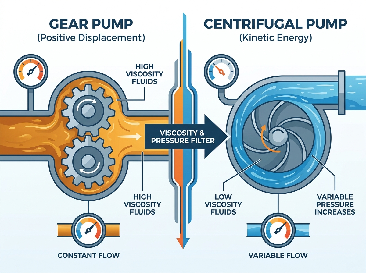Industrial gear pump mechanism compared to centrifugal technology